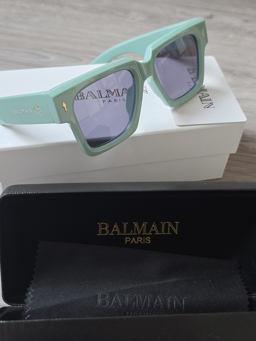 Balmain Mint Green Square Frame Sunglasses with Gold Accents